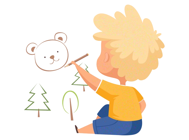 grafika chłopiec rysujący misia i drzewka