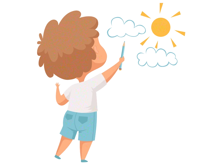 grafika chłopiec rysujący słońce i chmurki